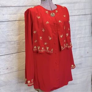 Vintage 80s Diane Von Furstenberg 100% silk red with gold embroidery tunic S/M